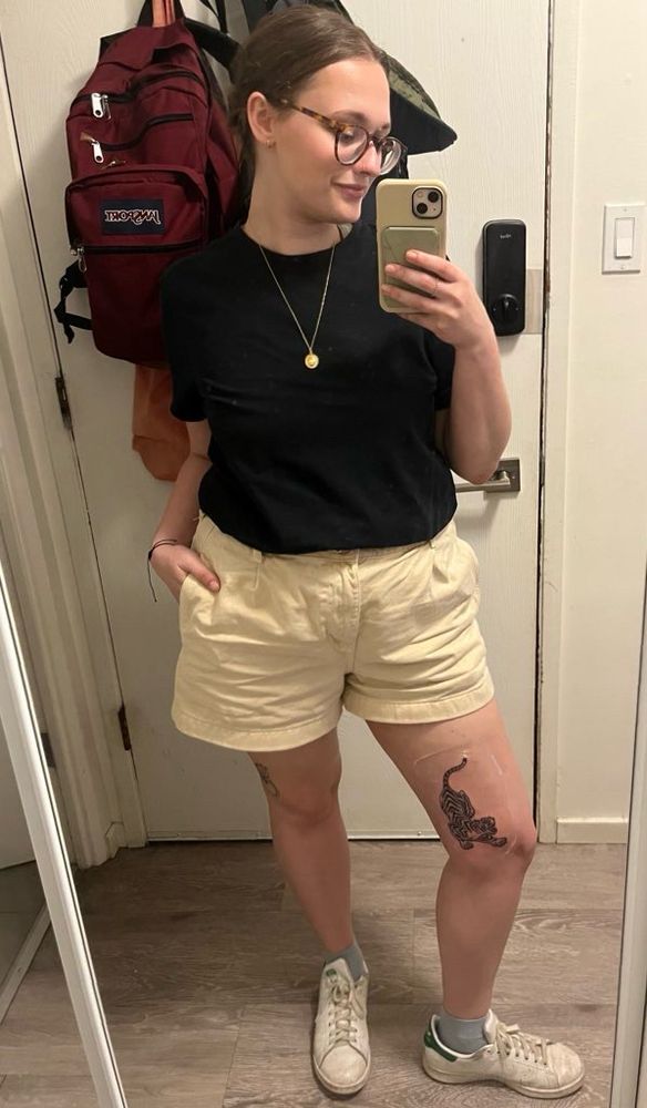 Mirror selfie of me with a tiger tattoo on my inner thigh