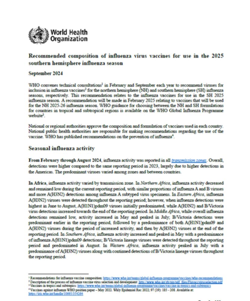 Recommended composition of influenza virus vaccines for use in the 2025 southern hemisphere influenza season