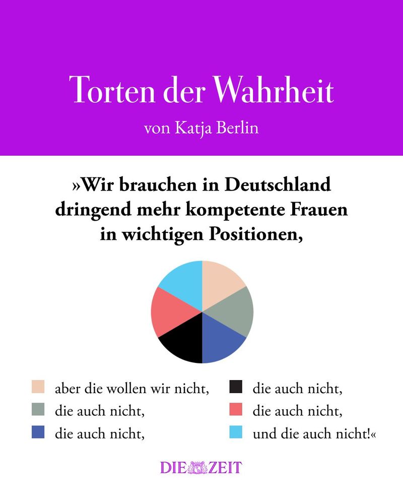 Torten der Wahrheit von Katja Berlin (steht weiß auf violettem Hintergrund), darunter ein Tortendiagramm in sechs gleiche Teile aufgeteilt a(hellblau, beige, oliv, blau, schwarz, rot) auf weißem Hintergrund.. In schwarzer Schrift: "Wir brauchen in Deutschland dringend mehr kompetente Frauen in wichtigen Positionen, dann in der Legende zu jeder Farbe: aber die wollen wir nicht, die auch nicht, die auch nicht, die auch nicht...und die auch nicht.
