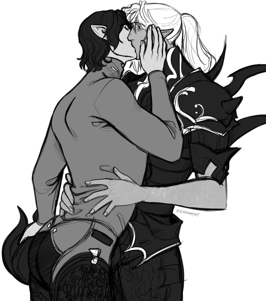 Achromatic digital sketch of Aymeric and Estinien. Aymeric is holding Estinien's drachen helm with one hand and cupping his cheek with the other as he kisses him. Estinien is holding Aymeric firmly by his waist. Estinien is wearing his drachen mail and Aymeric is in a dressed down version of his Lord Commander regalia.