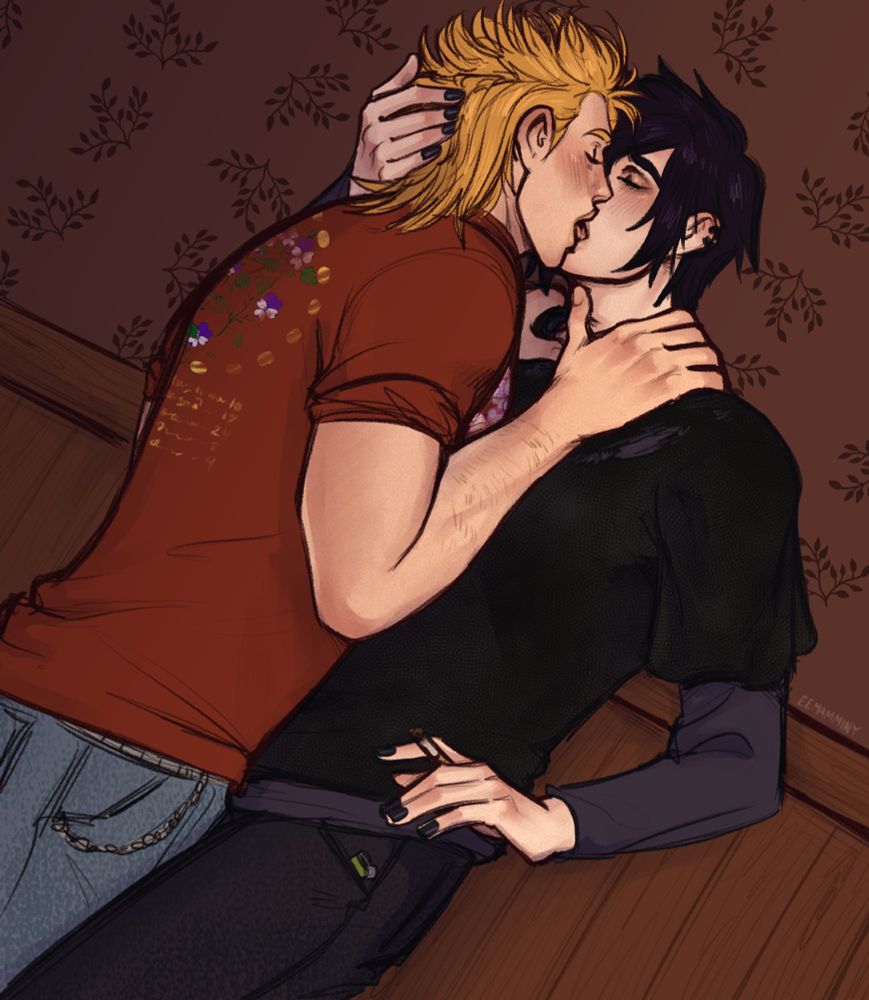 Digital artwork of Sam and Sebastian from Stardew Valley. Sam is pressing Sebastian up against a wall and they are kissing with tongue. Sebastian has a lit cigarette in one hand, while his other hand cups the back of Sam's head. Sam is placing both his hands on Sebastian's collar, pressing his right thumb into Sebastian's adam's apple.