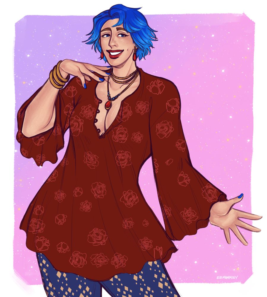 Digital artwork of Emily from Stardew Valley. She is wearing a red tunic with roses printed on it, and loose fitted indigo pants with gold diamonds printed on them. Her jewelry is red, blue, and gold, her nail polish is blue, and her earrings are red. She is holding one hand under her chin will grinning at the viewer, and holding out her other hand with her fingers splayed. She has dimples and lines under her eyes, and her natural brows show a dark blonde beneath her dyed blue hair. The background is pink and purple with white and gold sparkles in it.