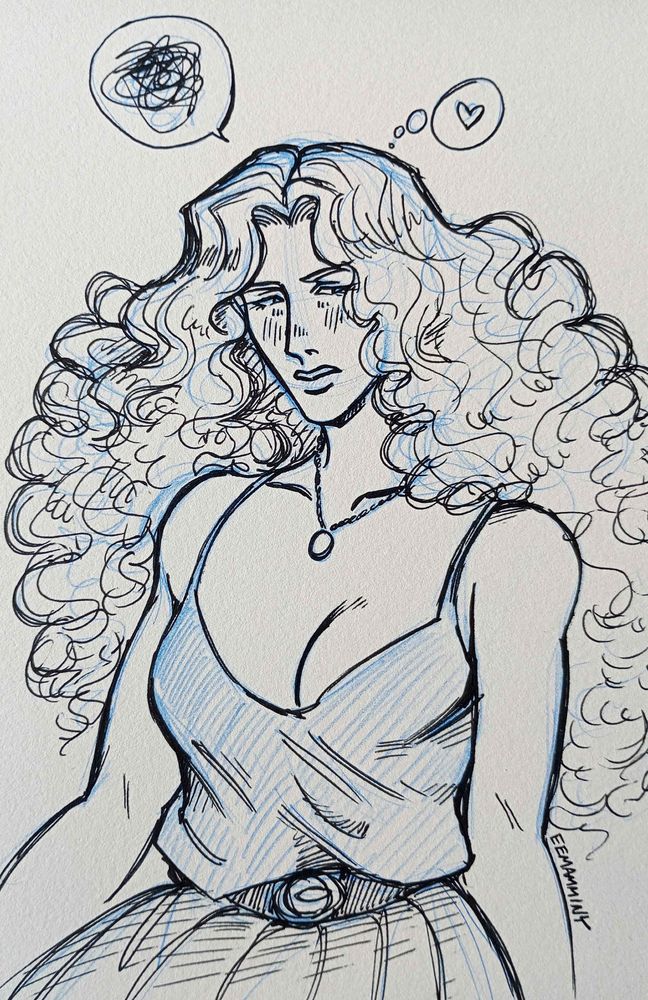 A pen and colored pencil sketch of Haley from Stardew Valley. She is pouting and looking irritated at the viewer, but she is also blushing and thinking about a heart.