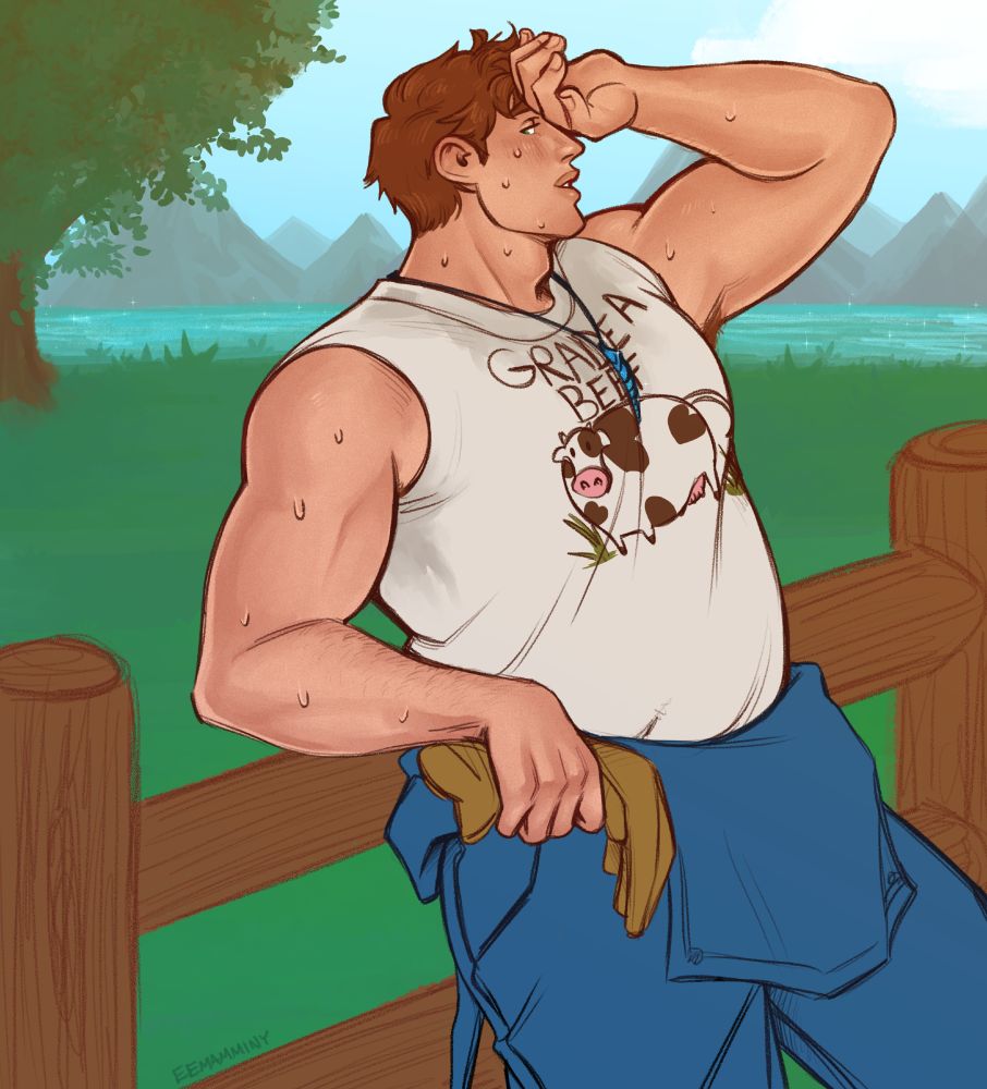 Digital artwork of Alex from Stardew Valley. He is wearing overalls that are hanging down by his waist, with a sleeveless shirt that is soaked in sweat and has a picture of a cow on it with the text "Grade A Beef". He is wearing a mermaid's pendant and holding gloves in one hand while wiping away sweat from his brow with the other. He is leaning against a wooden fence out on the meadowlands farm, sweating all over as he looks at the viewer.