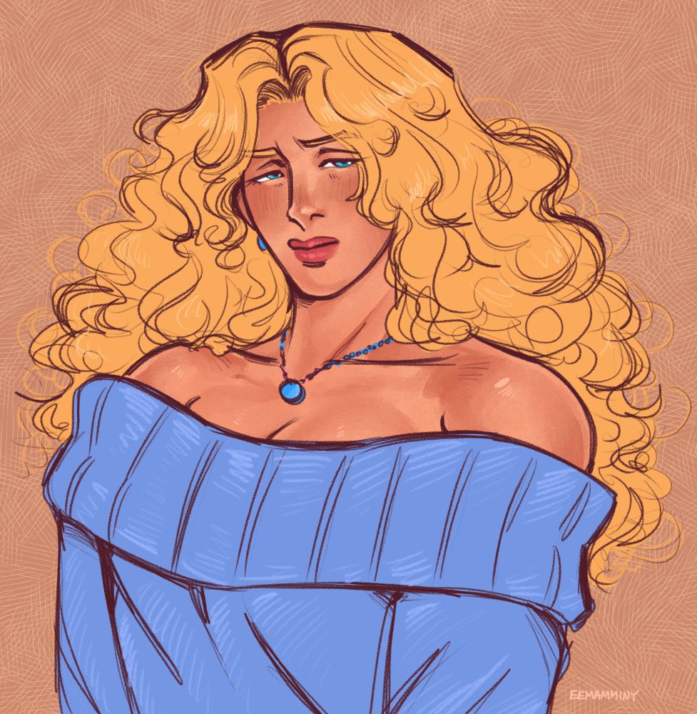 A digital artwork of Haley from Stardew Valley. She is looking irritatedly at the viewer with a pout and furrowed eyebrows. She is wearing a blue sweater that shows off her shoulders and her usual blue necklace and earrings. It is the same as the previous image, but without the glasses.