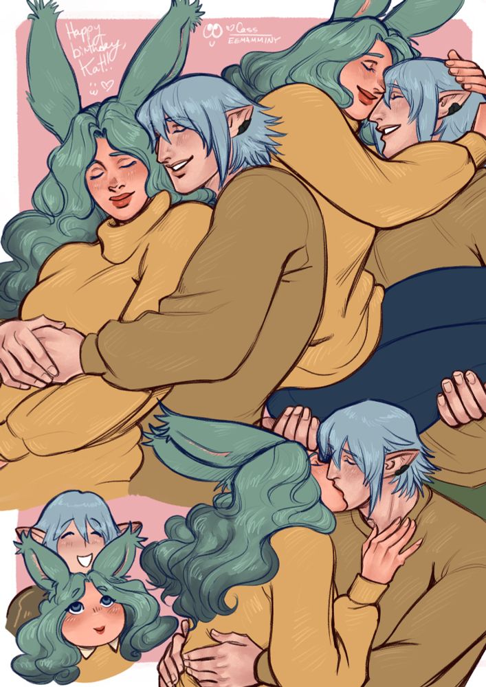 A series of digital artworks on the same canvas, depicting Haurchefant and a viera warrior of light, Nora. Nora has teal hair that is thick and wavy and darkens at the ends, and she has a light complexion and coral lips. She and Haurchefant are both dressed casually in sweaters and are in a variety of loving poses. In the first pose, they are smiling while Haurchefant embraces Nora from behind. In the second pose, Haurchefant is carrying Nora princess style while she hugs him around his shoulders and nuzzles their faces together. In the last pose they are embracing and kissing. There are also chibis of them, Haurchefant resting his chin on Nora's head and grinning while she smiles up at him.