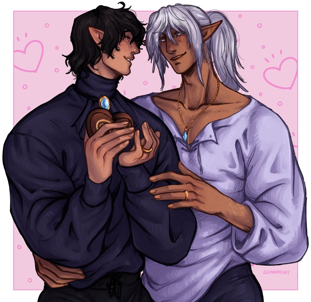 Digital artwork of Aymeric and Estinien standing side by side. They are gazing into each other's eyes and smiling. Aymeric is holding a large chocolate heart in both hands, while Estinien has one hand on Aymeric's waist and the other gently placed on his wrist. They are both dressed casually in loose blouses and trousers and they are wearing gold wedding bands. Aymeric is wearing a brooch in the same colors as his ear cuff, and Estinien is wearing a matching pendant necklace. The background is a pink square with hearts and bubbles inside.