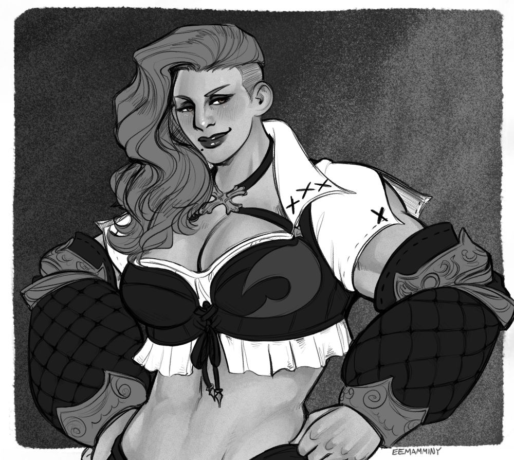 Greyscale digital artwork of a female roegadyn original character. She is wearing the starter gear for roegadyn and has a long undercut parted to her right side. She has dark eyeshadow and dark lipstick on, and a mole beside her mouth. She is smirking at the viewer with her hands on her hips. There is a small bit of color on her irises, which are a desaturated light brown color.