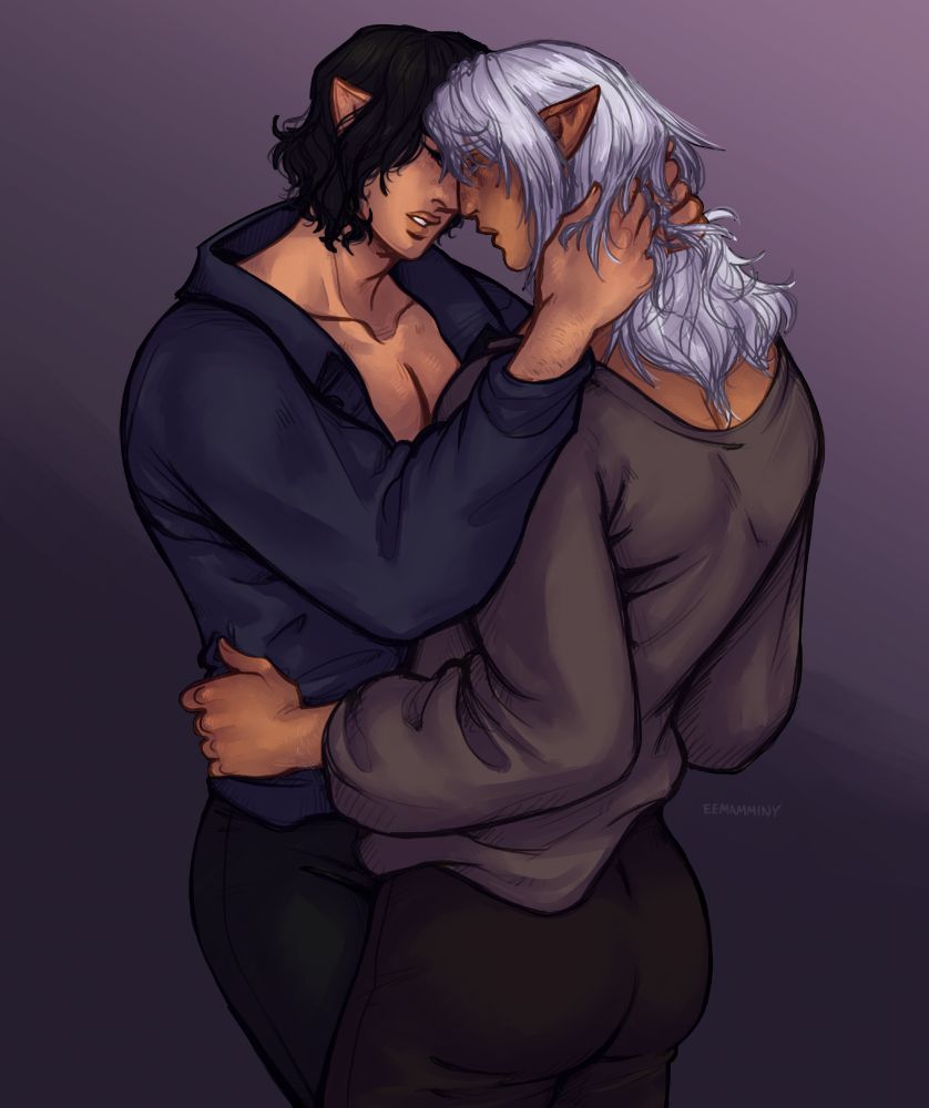 Digital artwork of Aymeric and Estinien embracing each other. They are both dressed in casual clothes, loose blouses and simple trousers. Their eyes are closed and they are touching their noses together, their chests and hips pressed closely against each other. Aymeric has his hands in Estinien's hair while Estinien has his hands around Aymeric's waist. Their expressions are full of relief and familiarity.