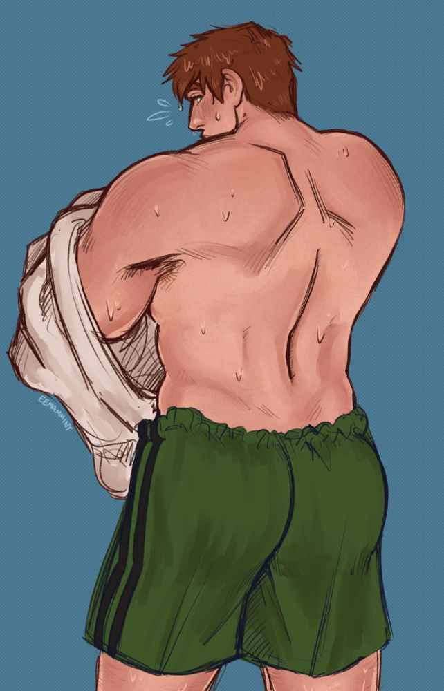 Digital artwork of Alex from Stardew Valley. He is wearing exercise clothes and removing his shirt, revealing his back is covered in sweat. He is glancing over his shoulder at the viewer, looking somewhat surprised. His face and hair are slick with sweat too.