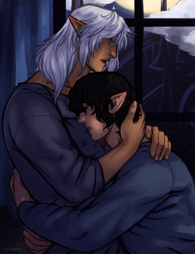 Digital artwork of Estinien and Aymeric embracing. They are standing beside a window in a dark room, illuminated by moonlight outside. The cityscape of Ishgard can be seen through the window. Aymeric is wrapping his arms around Estinien's waist and burying his head in his chest. Estinien has his mouth open to speak, and is holding Aymeric by his head and the nape of his neck.