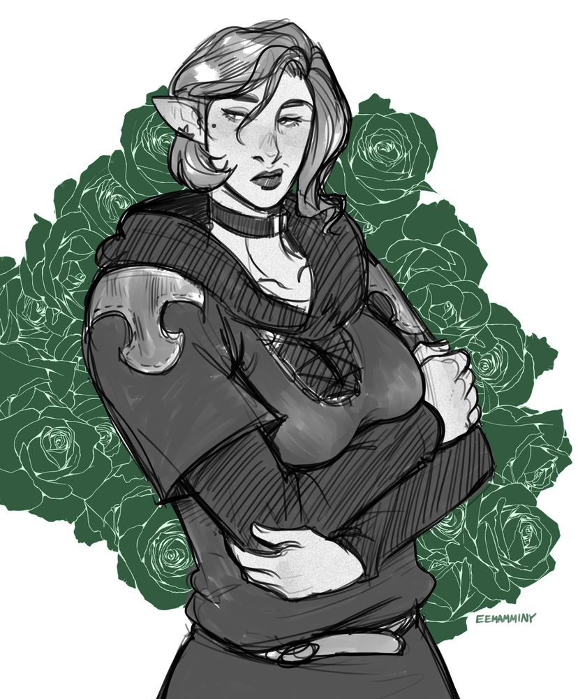 Digital sketch of Mother Miounne. She is in her 1.0 outfit, and is portrayed in grayscale with a background of simplified green roses behind her. She is pouting and crossing her arms, looking aloof and gazing off-screen.