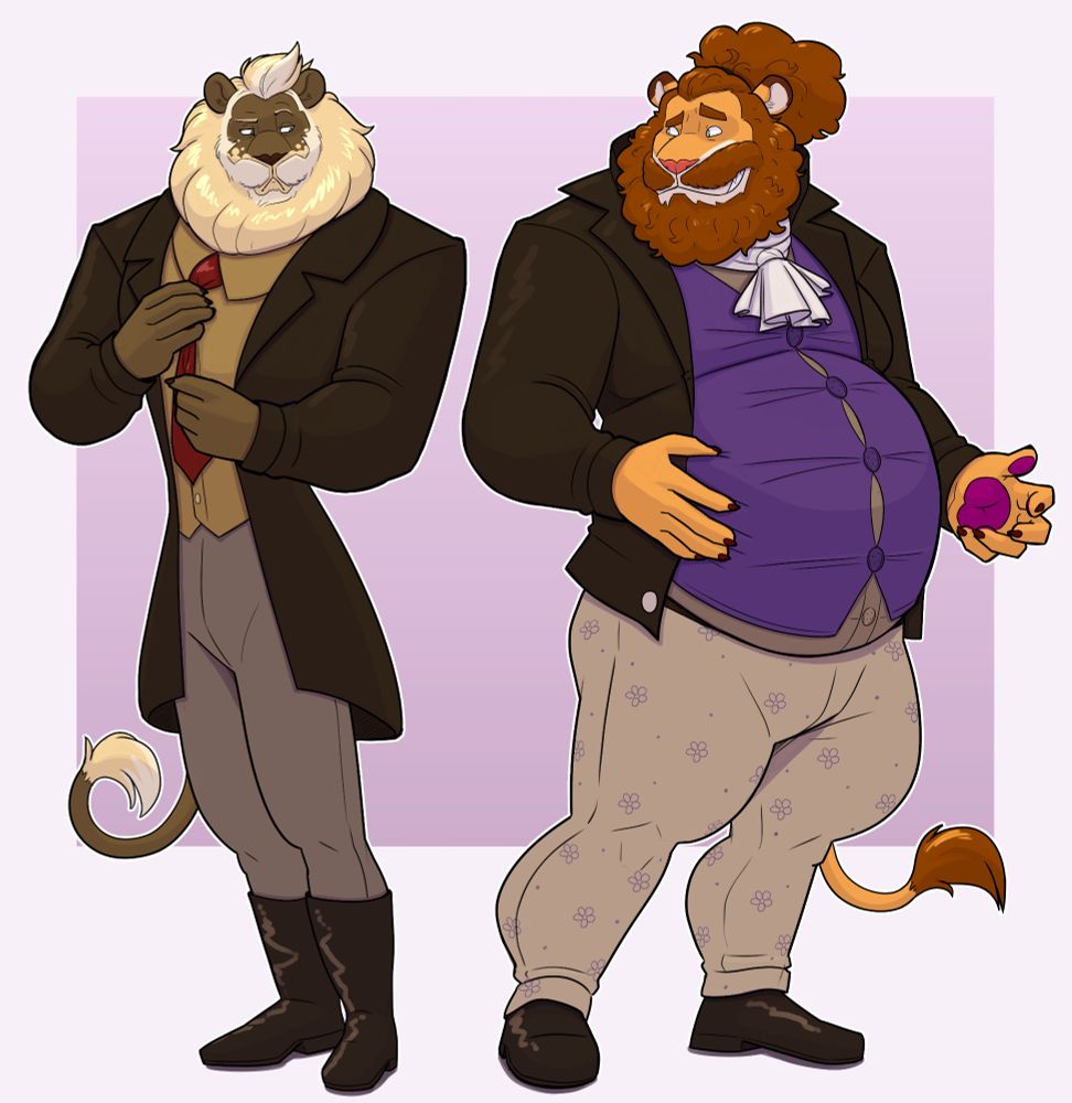 Friday (left) and Costa (right) standing next to each other, both in their normal colors/patterns but transformed into lions.

Friday's golden mane is nicely manicured and tucked into his suit, which perfectly contours his slim frame.

Costa's long, curly beard is wild, with his hair tied up, and his clothing is clearly straining to keep up with all his "mass".

Costa is looking at Friday sheepishly, who is looking back at his protruding gut with an eyebrow raised.