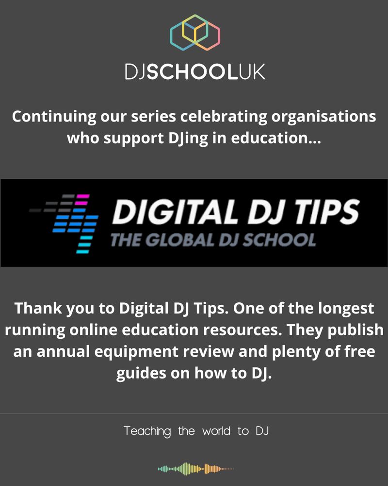 The image says Thank you to @DigitalDJTips One of the longest running online education resources. They publish an annual equipment review and plenty of free guides on how to DJ.
