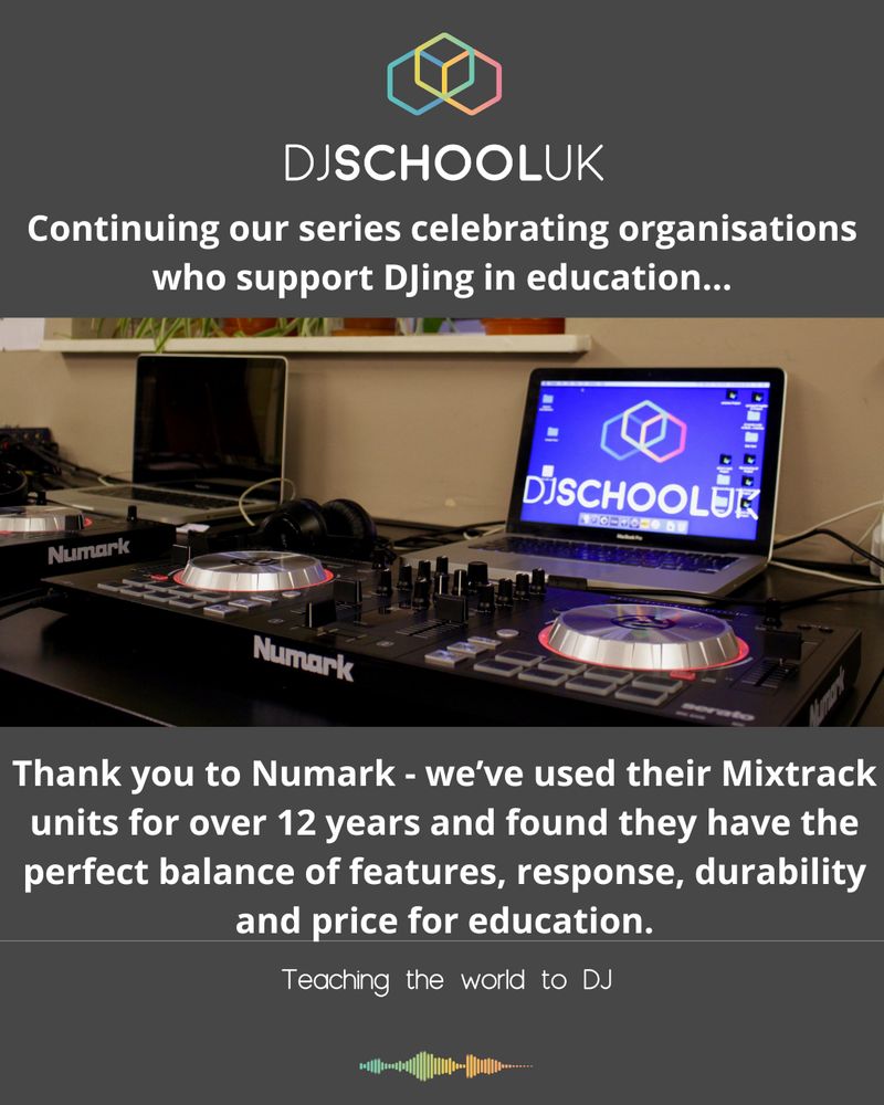 The picture shows a Numark Mixtrack in use at DJ School UK. The text on the picture says: Thank you to @Numark - we’ve used their Mixtrack units for over 12 years and found they have the perfect balance of features, response, durability and price for education.