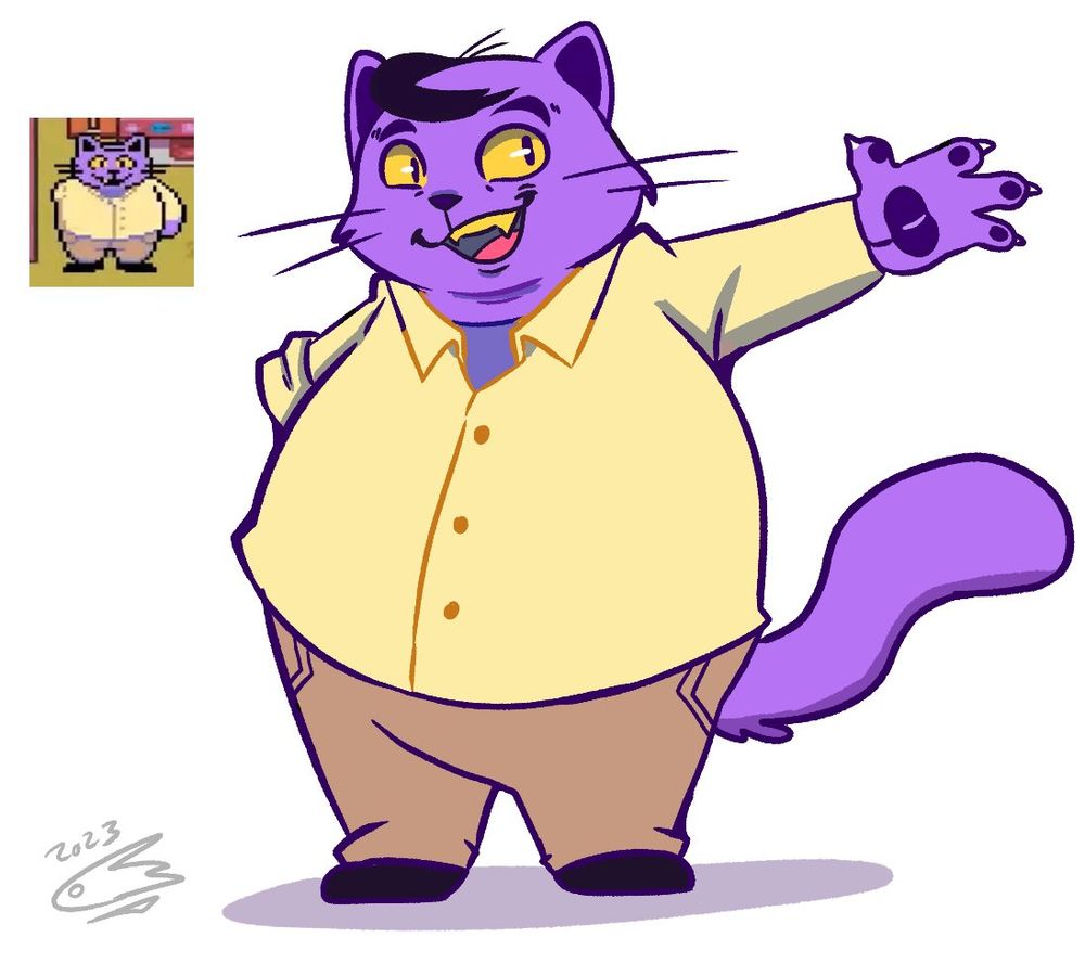 An anthropomorphic male cat with purple fur and a single arm waving hello. 