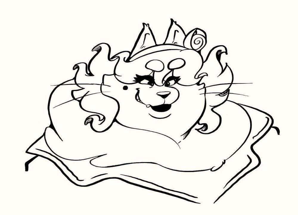 A bust of a fat anthropomorphic fox woman smiling mischievously. 