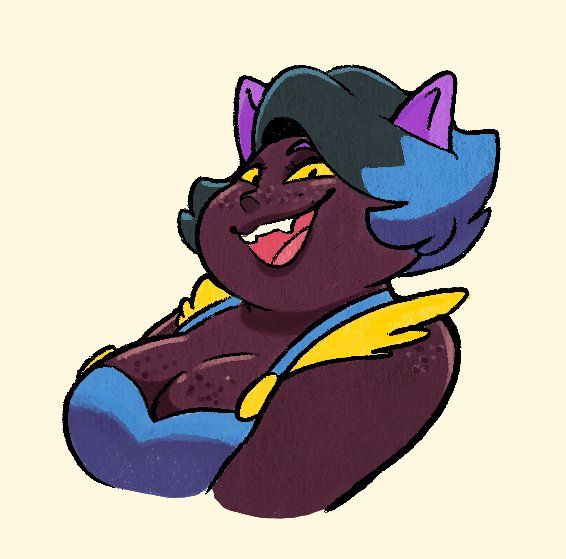 Catty from Undertale as a human-cat hybrid with black hair and blue highlights. She has dark skin with a violet tint to it as well as blue overalls that have yellow buttons and yellow sides. 