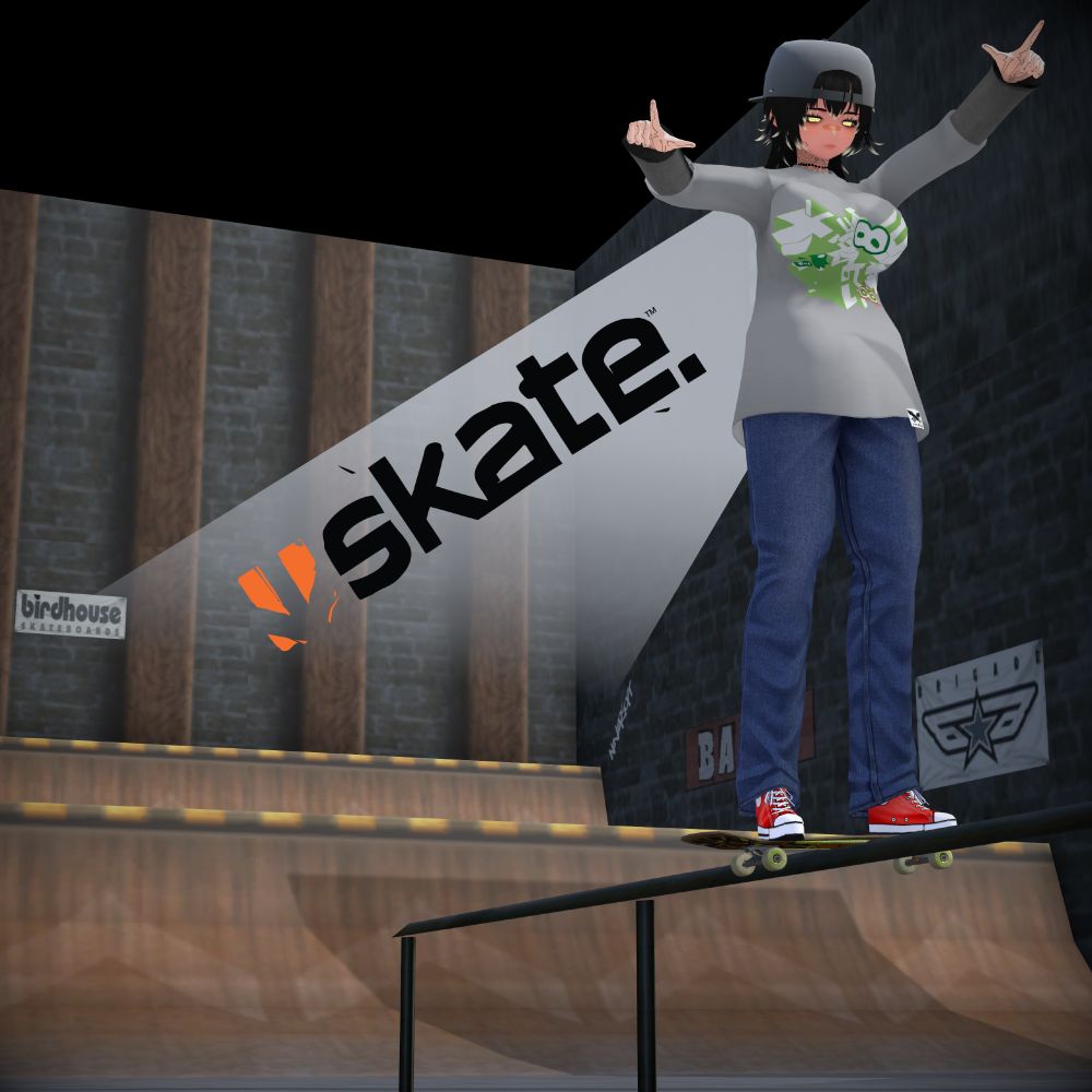 Hikari skateboarding inside the warehouse level from Tony Hawk's Pro Skater 1. The logo for Skate. is shown on screen.