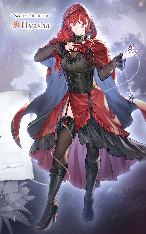 The outfit I referenced and I am NOT describing the outfit the second time I hate describing clothes with this much detail! The character is basically lil Red Riding hood. Anyway this is Hyasha from Noctilucent: Before Dawn