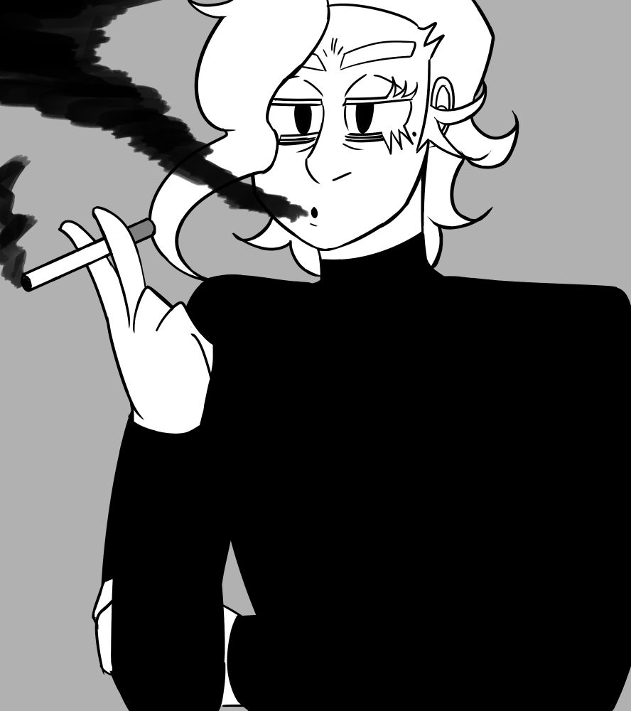 Dolores smoking with a very tired and annoyed expression.
