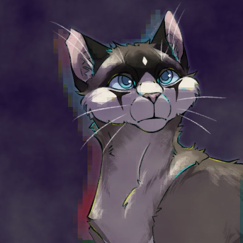 a shoulders-up portrait of a cat who looks to the right of the screen. they are a seal point with white facial markings, and patches between those markings which resemble tear lines beneath their blue eyes. their right ear is notched.

they cast an 8-bit "shadow" in red, blue and purple, which is lighter than the purple and grey smoky background. there are notes of cysn and yellow chromatic aberration in the piece.