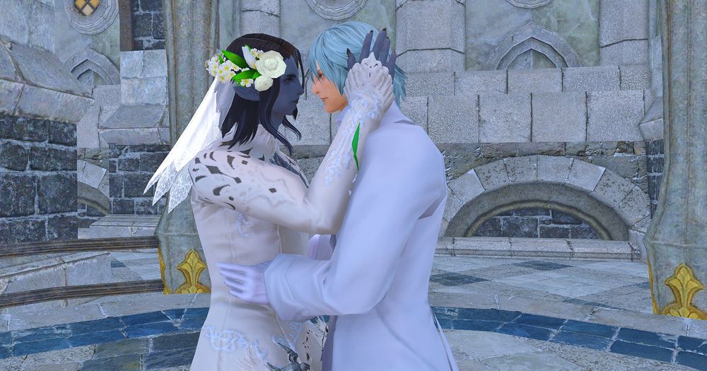 Sullivan (left) and Haurchefant (right) in wedding attire, moving in for a kiss.