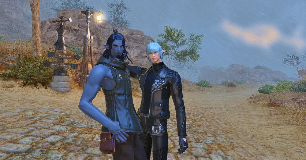 Sullivan (left) and Haurchefant (right) standing on a road in the desert. Haurchefant is holding 2 fingers behind Sullivan's head like bunny ears.