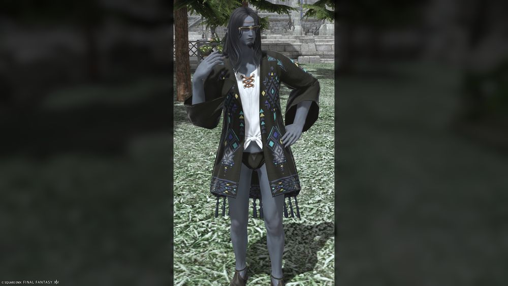 Sullivan in a loose black shirt and a black speedo, fanning himself because its definitely hot in the front yard of his house in Ishgard.