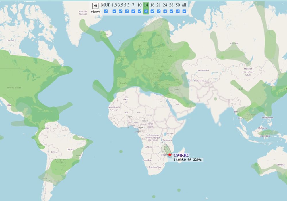A map of activity on the 20m amateur radio band showing station C94RRC in Mozambique.