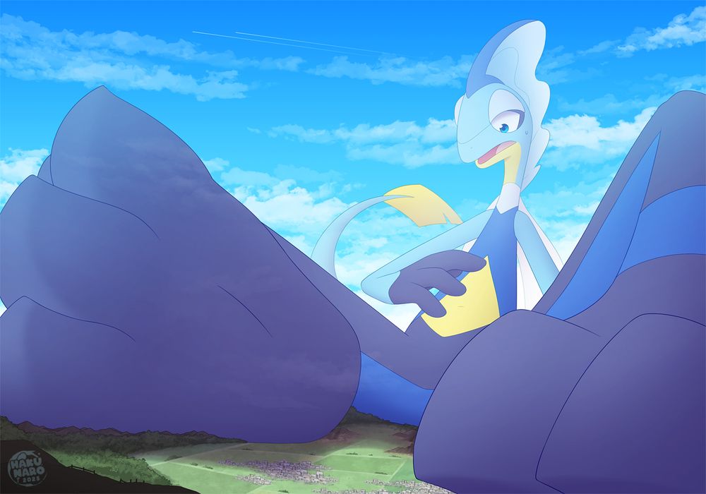 Sky in his Inteleon form has grown gigantic, sitting on the vast landscape surprisedhaving grown this big. Tiny cities are near his paws, barely the size of a toe.