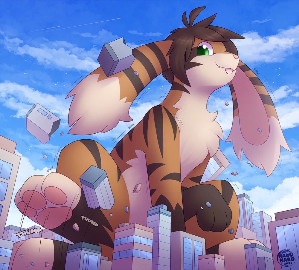 Maniko, a cat/bunny hybrid looms over the city, thumping in excitement as the bnuuy still keeps getting bigger.