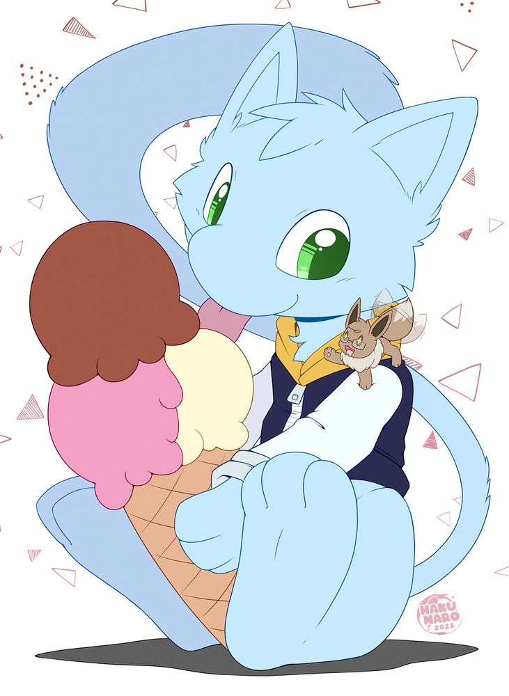 A shiny Mew with a sweater is holding a giant cone of ice cream and a very tiny Eevee is standing on his shoulders. The Eevee is very excited to get a taste of the ice cream.