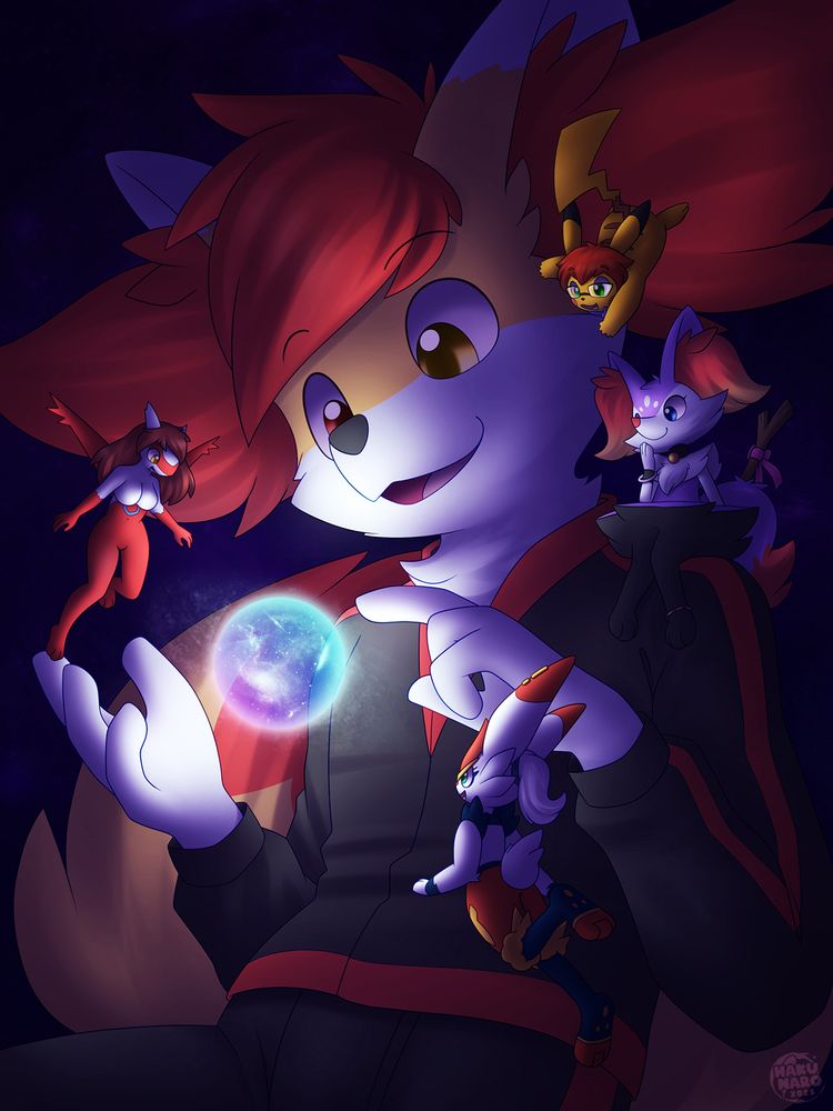 An absurdly large anthro Braixen has the whole universe in his hand, about to gently poke it. Some smaller friends but still larger than the universe (Cinderace, Pikachu with red hair and glasses and an anthro Latias female) are floating beside him while another shiny Braixen sits comfortably on his shoulder. Everyone are admiring the small universe.