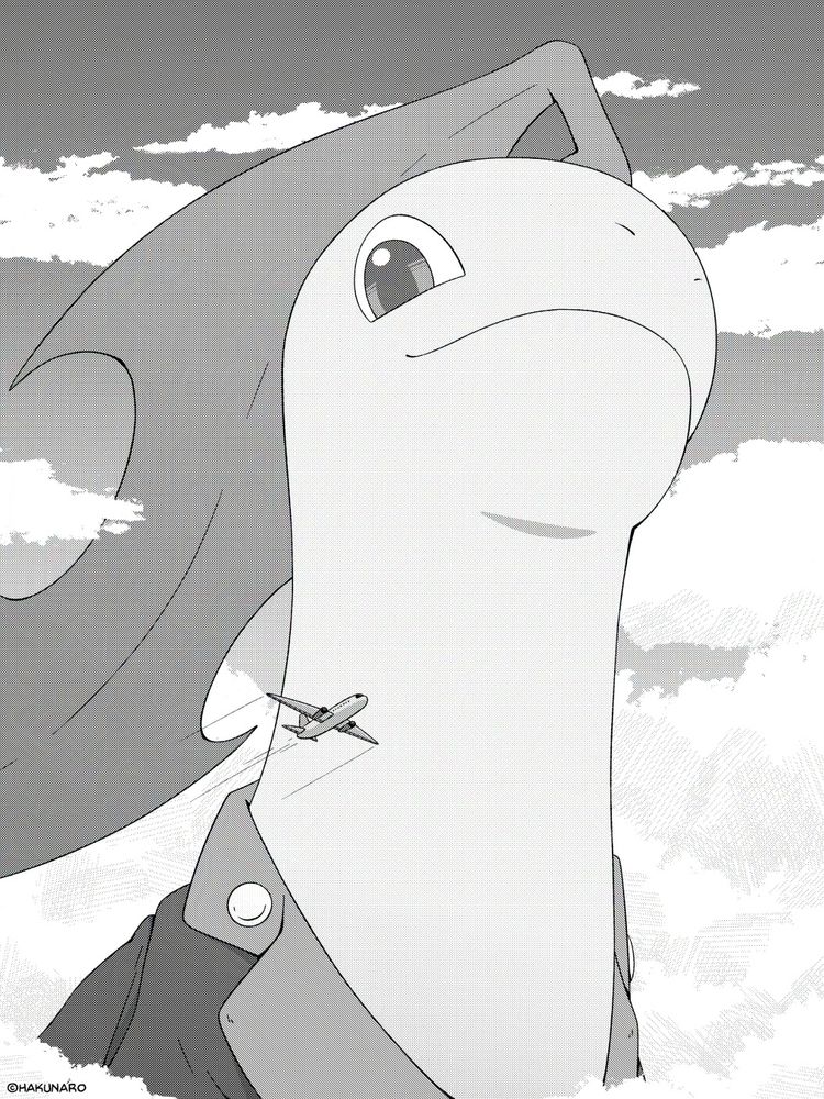 A massive Bayleef wearing a jacket, his head literally in the clouds admiring a tiny plane that's flying by.