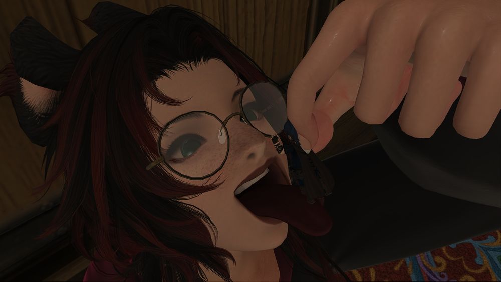 A red and black haired Viera holding a tiny blue haired Lalafell up to her open mouth with her tongue out.