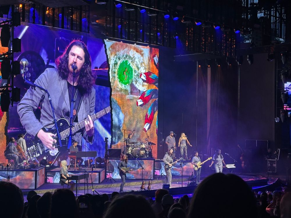 Hozier performing on stage with huge projection of himself behind him and the band