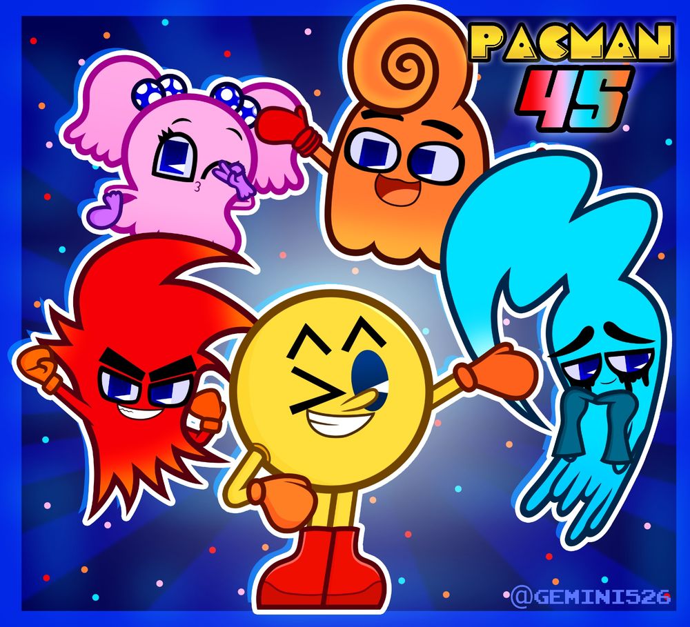 A picture of my renditions of Pacman and the ghosts, Blinky, Inky, Pinky, and Clyde. In the top tight corner, there is text that says "Pacman 45". The background is bright blue with some red, pink, cyan, and orange confetti sprinkled around.