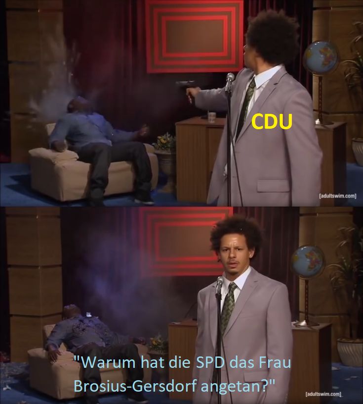 Erstes Bild: Mann im Anzug, mit der Beschriftung CDU, erschießt einen im Sessel sitzenden Herren.
Zweites Bild: Derselbe Mann schaut in die Kamera und fragt entrüstet: "Warum hat die SPD das Frau Brosius-Gersdorf angetan?"