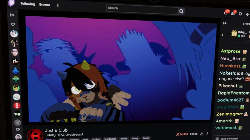 My bunny character making a cute rawr pose on a cam feeding to a VRChat lobby