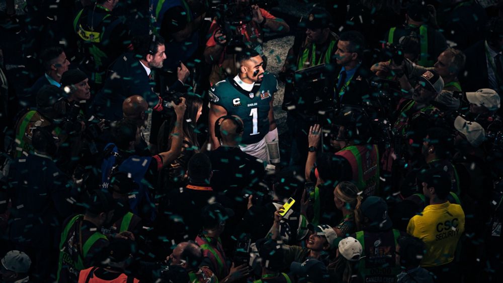 Philadelphia Eagles Quarterback Jalen Hurts being interviewed after winning Super Bowl LIX. 