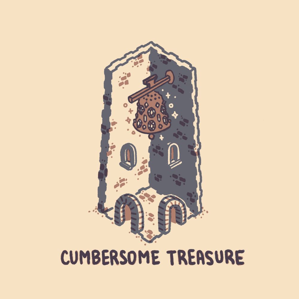 An isometric illustration of a dungeon room, done in a simple, low-detail style. The room is a bell tower, with two entrances at the ground and two windows midway up the tower. The large bell is encrusted in massive gems. The caption reads, "Cumbersome treasure."