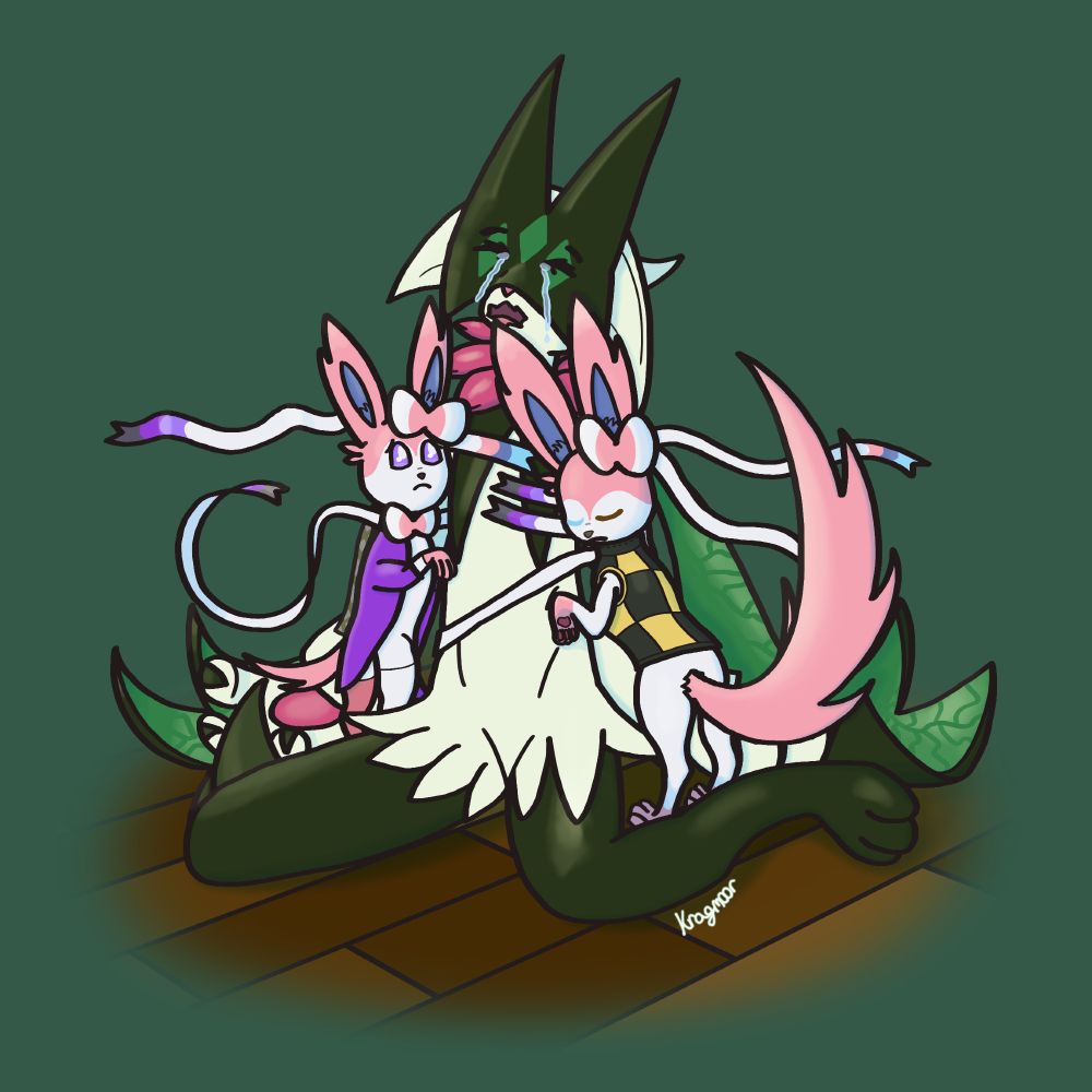 Liam crying right after having been turned into a meowscarada while being comforted by Kragmoor and Borell both of whom are sylveons.
