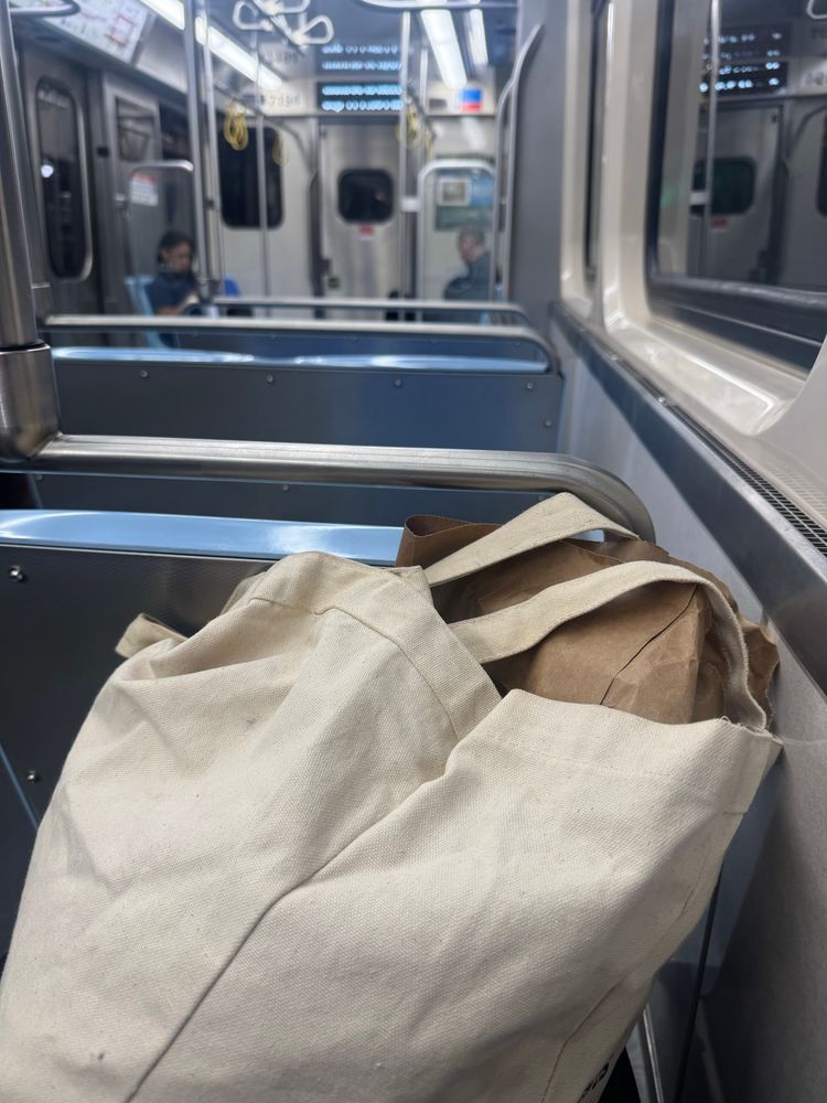 A view from inside a subway car, focusing on a cream-colored canvas bag in the foreground. The background shows empty seats and passengers sitting across from each other, with reflections visible in the windows. The interior is bright and features metal poles and overhead lights