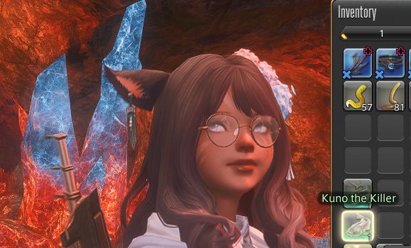 A cat-eared game character smirks after catching a legendary fish needed for a quest. 