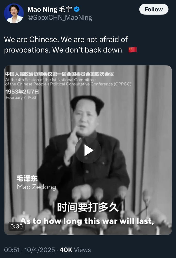 Mao Ning 毛宁
@SpoxCHN_MaoNing
We are Chinese. We are not afraid of provocations. We don't back down.
