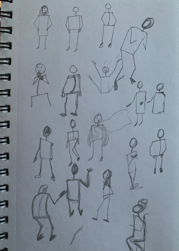 A sketchbook page filled with stick figures in varying poses, and drawn with varying degrees of skill, skewing toward "not particularly skilled yet"