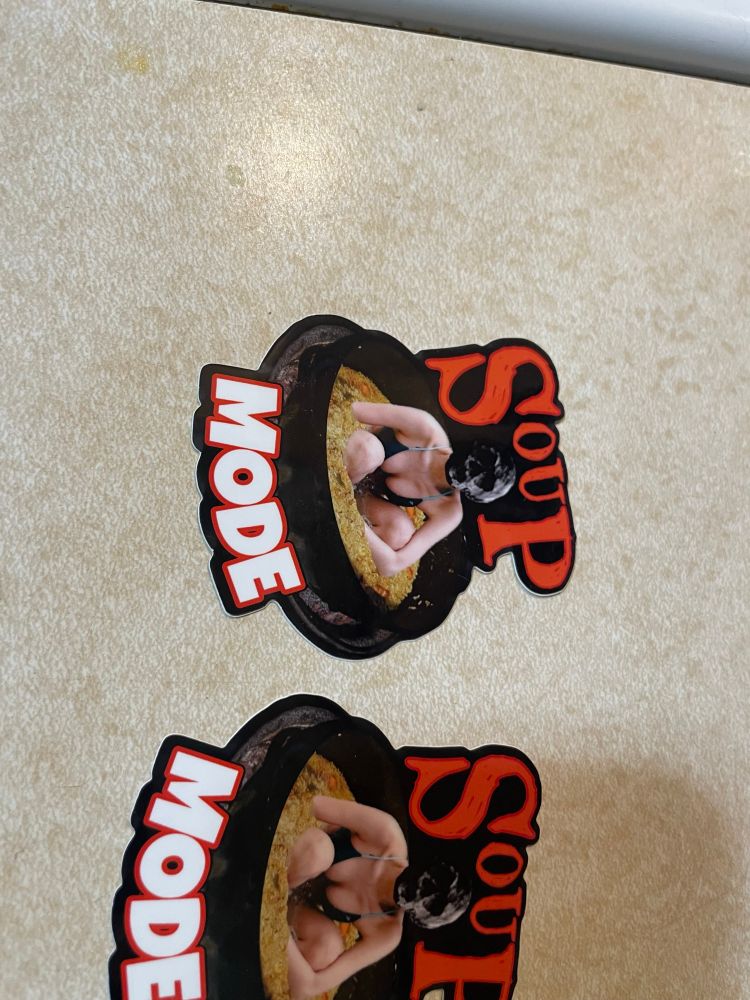 Soup Mode stickers depicting a woman in a bikini in a bowl of ramen “bugs bunny style”