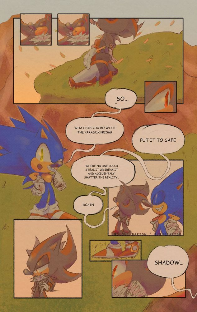 Sonic was looking for Shadow after that he took the Prism Paradox and found him contemplating the horizon.