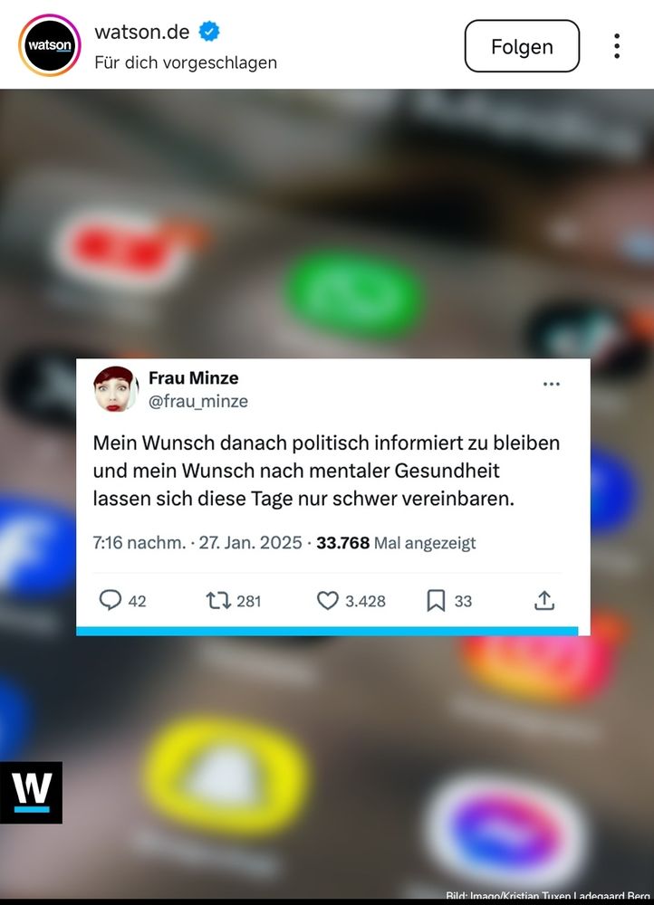 Beitrag von Frau Minze "Mein Wunsch danach politisch informiert zu bleiben und mein Wunsch nach mentaler Gesundheit lassen sich diese Tage nur schwer vereinbaren."